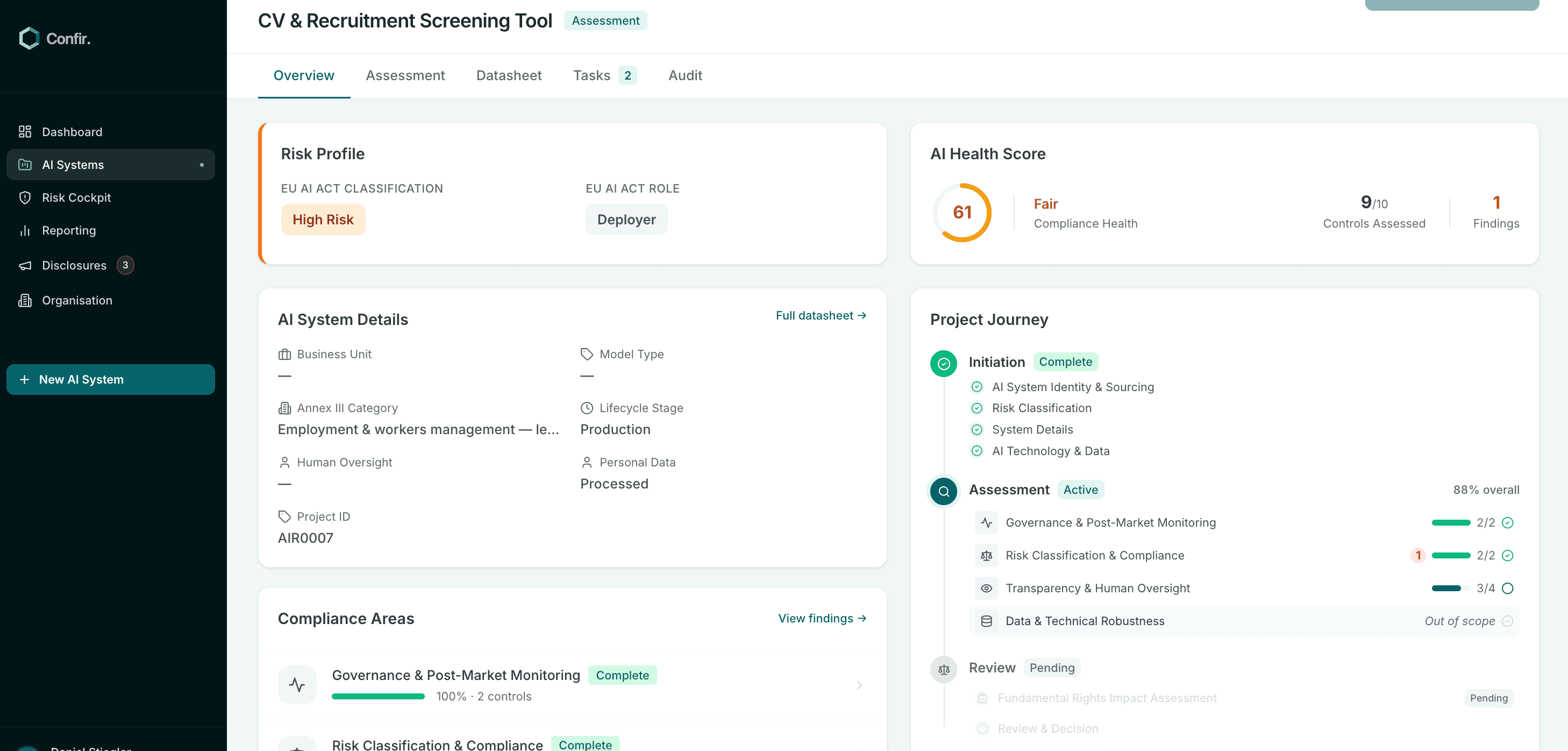 Espacio de trabajo de proyecto de Confir: el perfil de riesgo de un sistema de IA de alto riesgo, su puntuación de salud de cumplimiento, el recorrido de evaluación y las áreas de control delimitadas, en una sola vista.